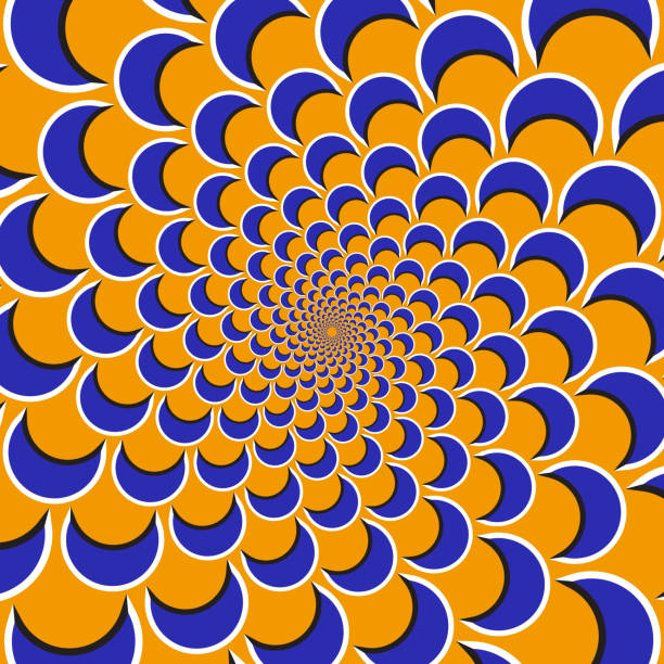 istock Optical motion illusion background. Purple shapes fly apart circularly from the center on orange background. 664221412