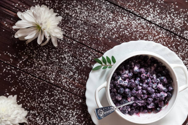 istock Blueberries and ice cream in the white plate 664221772