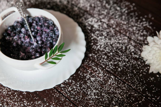 istock Blueberries and ice cream in the white plate 664221846