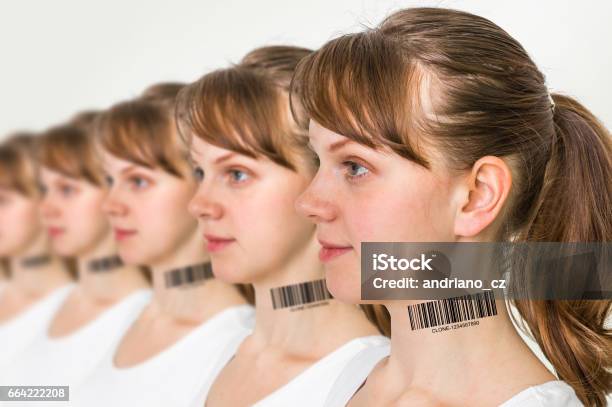 A Lot Of Women In A Row With Barcode Genetic Clone Concept Stock Photo - Download Image Now