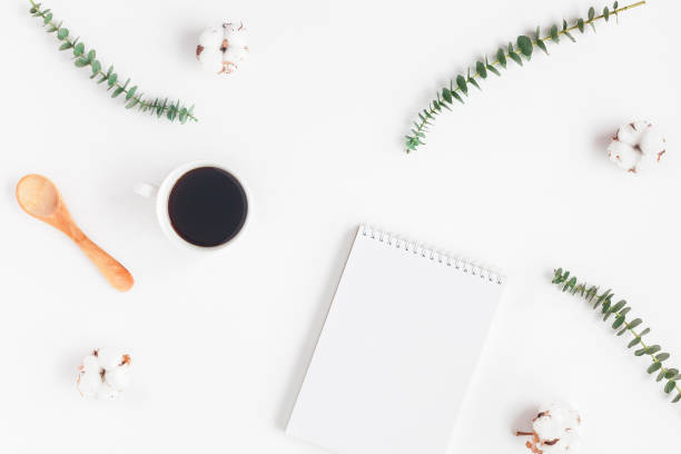 istock Workspace with cup of coffee, notebook, cotton flowers, eucalyptus branches 664224662