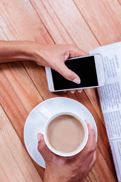 istock Part of hands holding coffee and smartphone 664225826