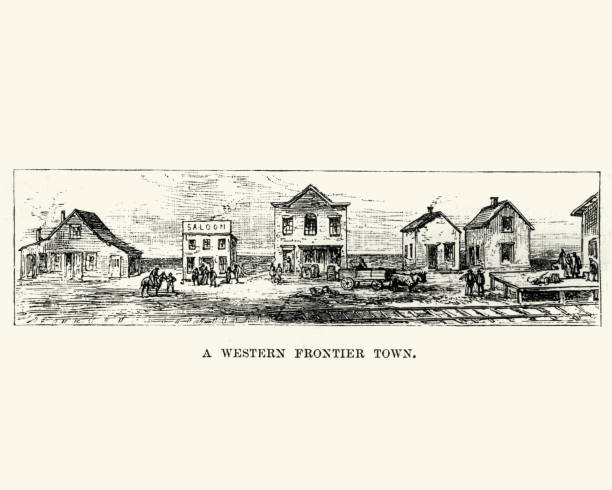 Vintage engraving of a Sketch of a Western Frontier Town, 19th Century