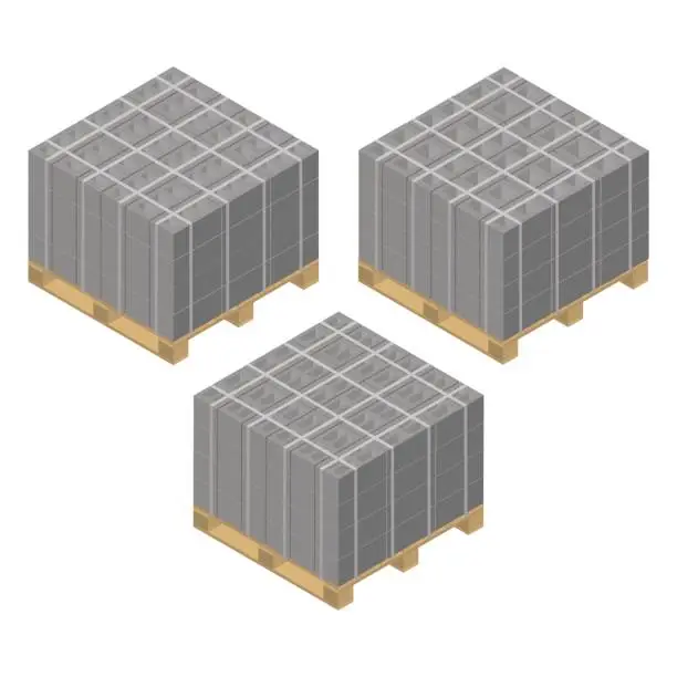 Vector illustration of Isometric wooden pallet with cinder blocks, vector illustration.