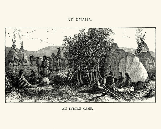 Native American Camp at Omaha, Nebraska 19th Century Vintage engraving of a Native American Camp at Omaha, Nebraska 19th Century omaha stock illustrations