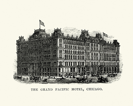 Vintage engraving of the The Grand Pacific Hotel, Chicago, 19th Century. The Grand Pacific Hotel (1873–1895) was one of the first two prominent hotels built in Chicago, Illinois, after the Great Chicago Fire. The hotel, designed by William W. Boyington and managed for more than 20 years by John Drake, was located on the block bounded by Clark Street, LaSalle, Quincy and Jackson