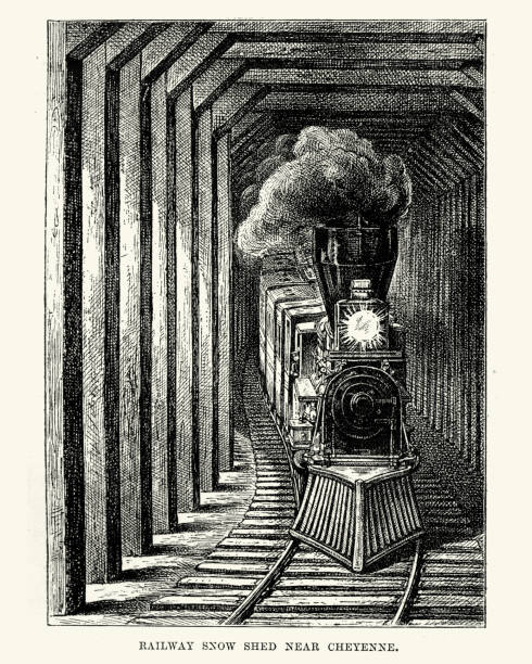 Vintage engraving of a Train in a Railway Snow Shed near Cheyenne, Wyoming 19th Century