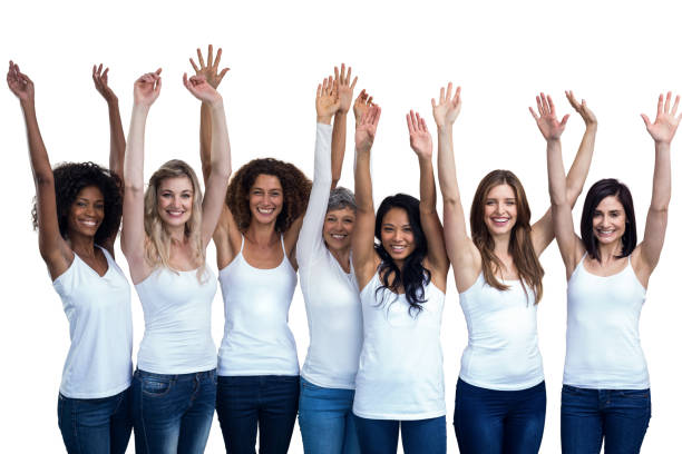 istock Happy multiethnic women standing with their hands raised 664242636