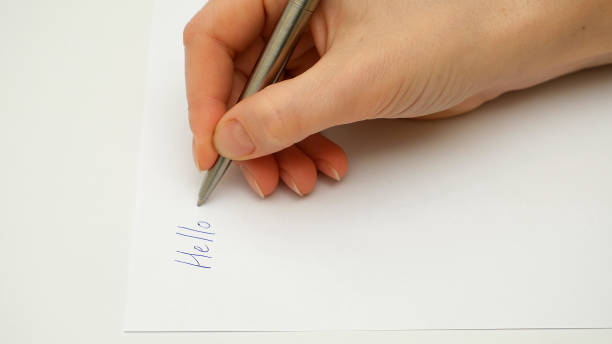 istock Female hand writes Hello on the paper 664242916
