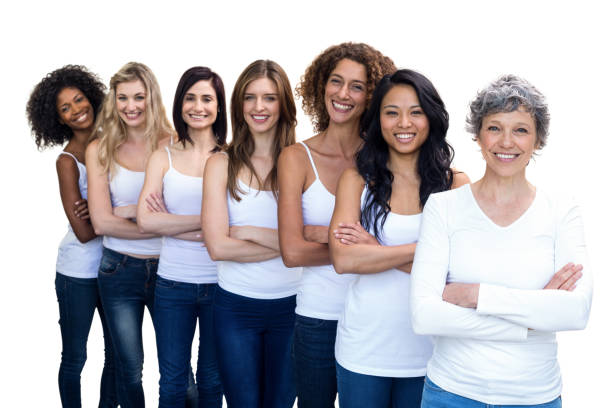 istock Happy multiethnic women standing in a line with hands crossed 664242918