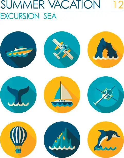 Vector illustration of Excursion sea flat icon set. Summer. Vacation