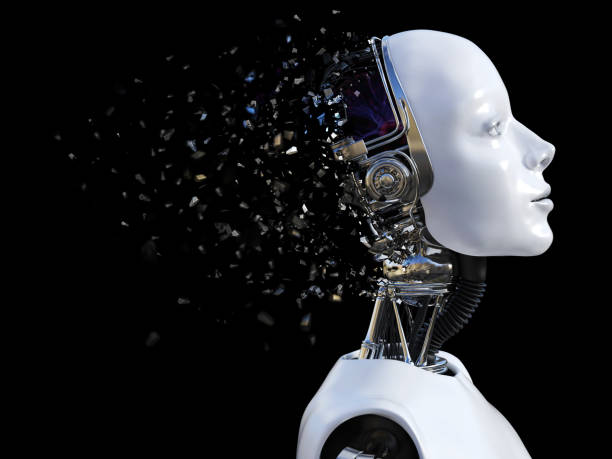 istock 3D rendering of female robot head that shatters. 664246660