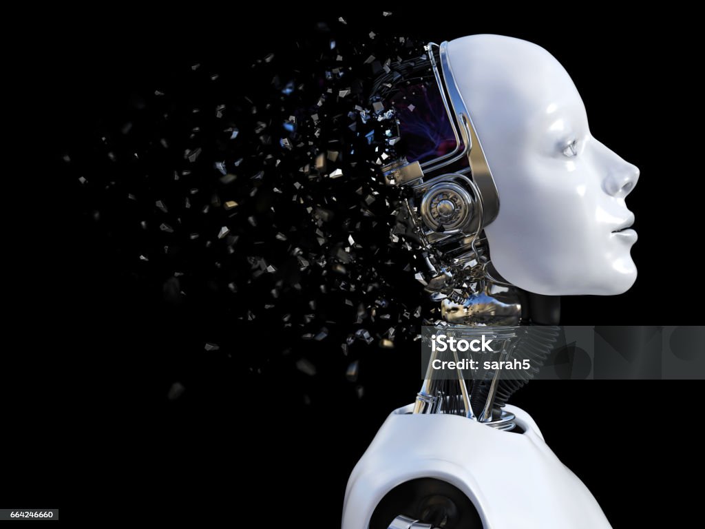 3D rendering of female robot head that shatters. 3D rendering of the head of a female robot. The head is breaking apart. Black background. Robot stock illustration