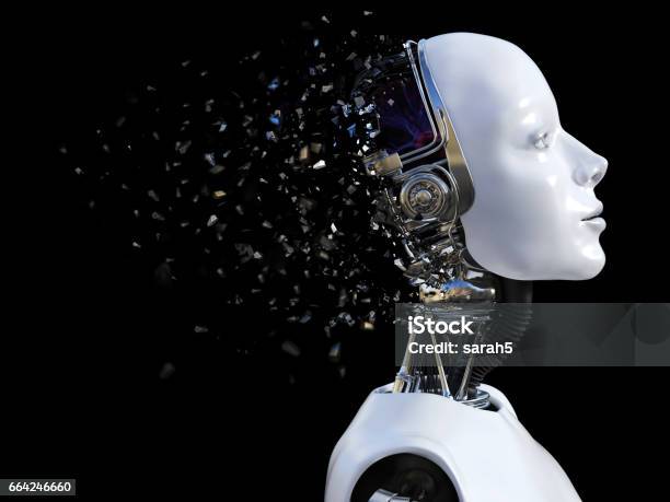 3d Rendering Of Female Robot Head That Shatters Stock Illustration - Download Image Now - Robot, Artificial Intelligence, Cyborg