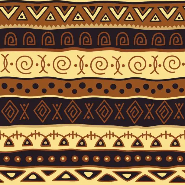 Vector illustration of Seamless color pattern in ethnic style. Ornamental element African theme. Set of seamless vintage decorative tribal border. Traditional African pattern background with tribal elements form.