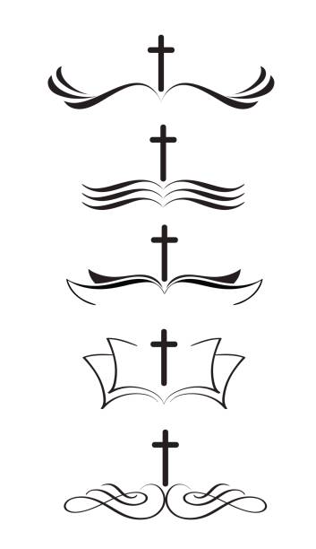 Set of christian s cross and bible. stylized Hand drawn vintage Calligraphy lettering Vector illustration EPS10.