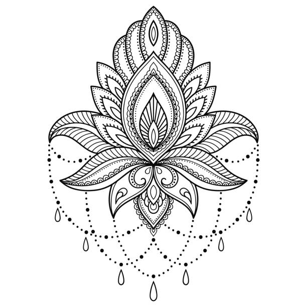 illustrazioni stock, clip art, cartoni animati e icone di tendenza di modello di fiore tatuaggio henné in stile indiano. paisley floreale etnico - loto. stile mehndi. motivo ornamentale in stile orientale. - henna tattoo