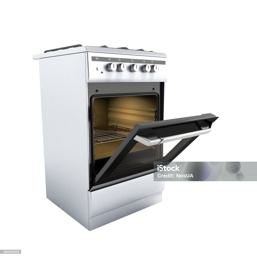 open gas stove 3d render on white background no shadow Oven Stock Photo