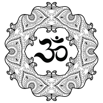 Circular pattern in the form of a mandala. OM decorative symbol. Mehndi style. Decorative pattern in oriental style with the ancient Hindu mantra OM. Henna tattoo pattern in Indian style.