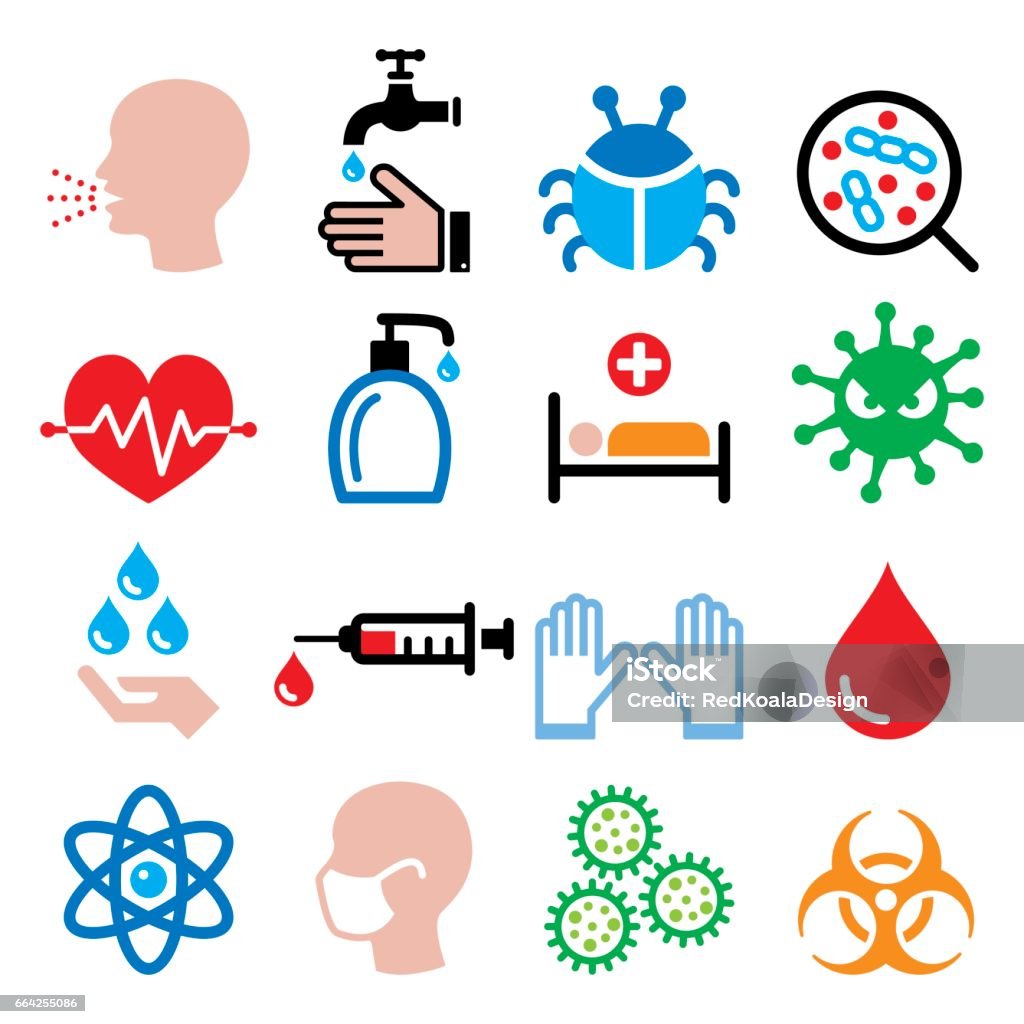 Infezione, virus, malattia, influenza - set icone della salute - arte vettoriale royalty-free di Protezione