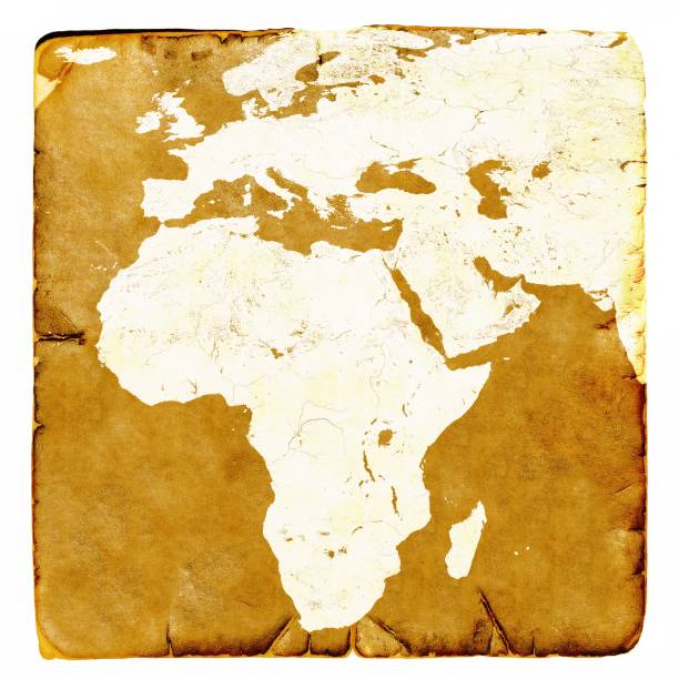 istock Map of Africa and Europe blank in old style. Brown graphics in a retro mode on ancient and damaged paper. 664255528