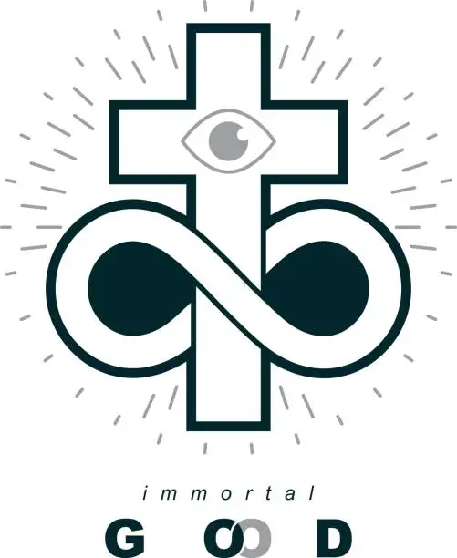 Vector illustration of Everlasting Christian Belief in God vector creative symbol design, combined with infinity endless loop and Christian Cross, vector logo or sign.