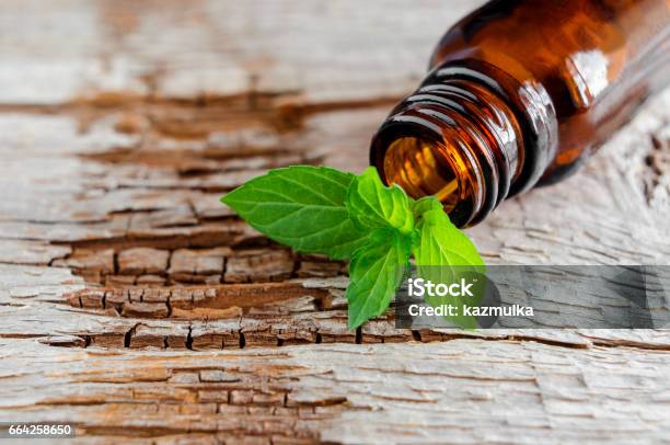 Small Glass Bottle On An Old Wooden Background And Fresh Mint Leaves Close Up Aromatherapy And Spa Ingredientes Stock Photo - Download Image Now