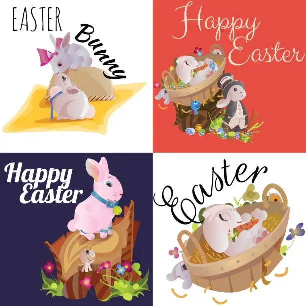 Vector illustration of Basket decorated easter eggs on green grass for holiday celebration, spring season colorful lovely bunnies happy Easter greeting card, Catholic religion isolated vector illustration white background