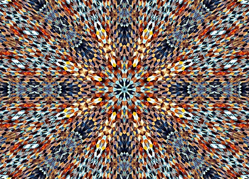 Multicoloured digitally generated images of metal objects  as kaleidoscope pattern for background wallpapers and other product skin design.