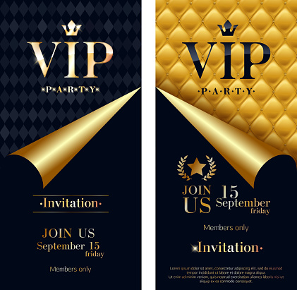 VIP party premium invitation card poster flyer set. Black and golden design template. Quilted colorful pattern decorative background with golden curled paper.