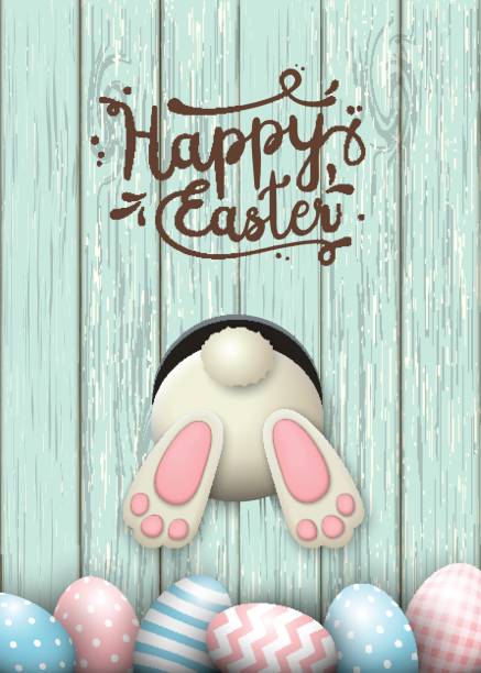 Easter motive, bunny bottom and easter eggs in fresh grass on blue wooden background, illustration vector art illustration