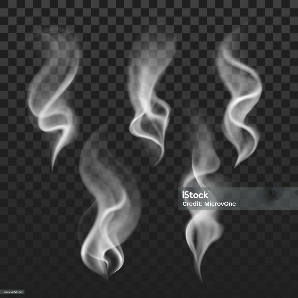 Transparent steam, cigarette smoke waves, fog texture vector set Transparent steam, cigarette smoke waves, fog texture vector set. Transparent smoke abstraction, illustration of template smoke isolated in checkered backdrop Smoke - Physical Structure stock vector