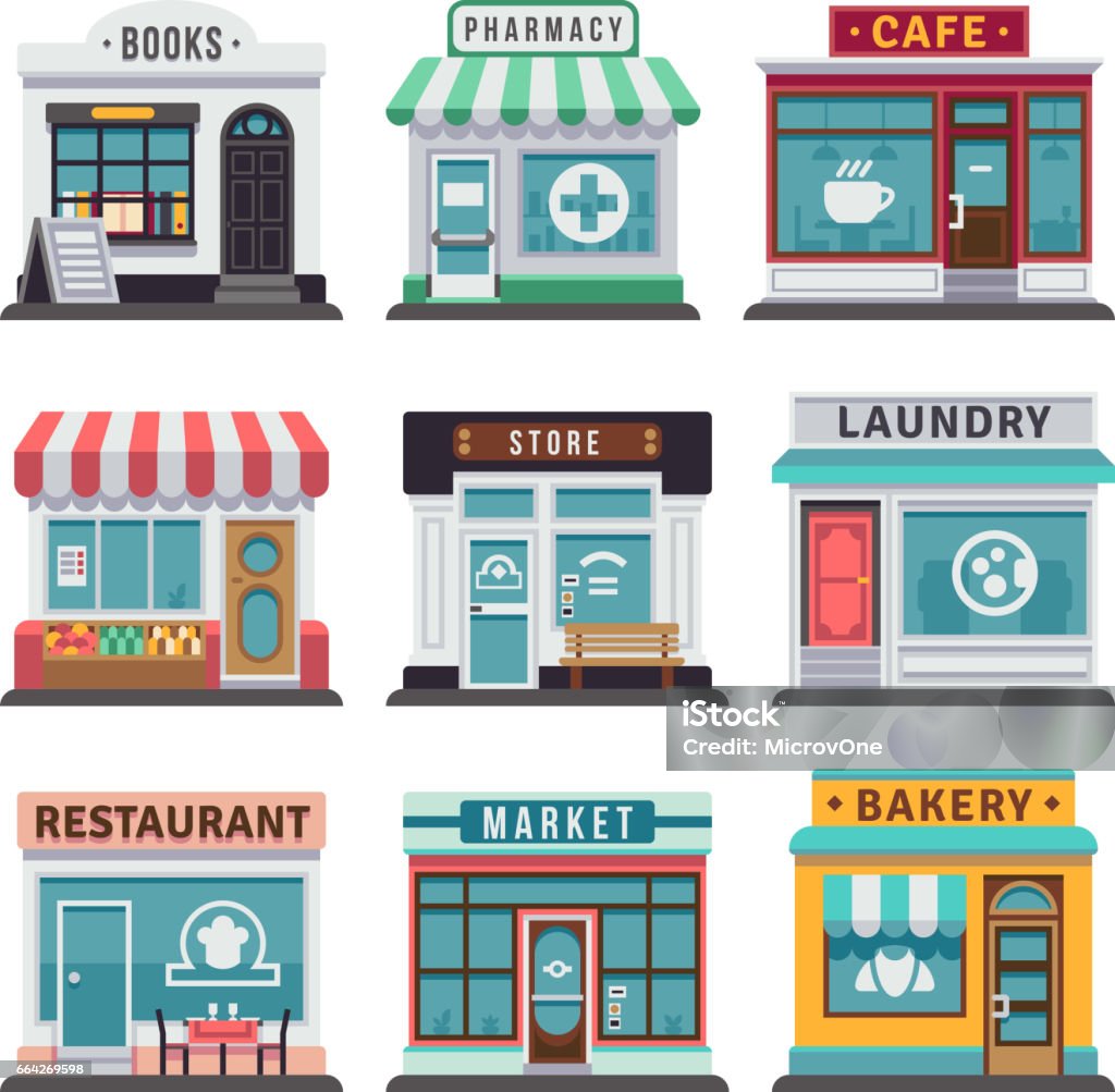 Modernen Fast Food Restaurant und Geschäft Gebäude, speichern Fassaden, Boutiquen mit Schaufenster flache Symbole - Lizenzfrei Geschäft Vektorgrafik