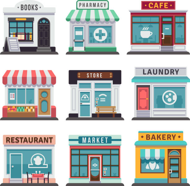 Modern fast food restaurant and shop buildings, store facades, boutiques with showcase flat icons Modern fast food restaurant and shop buildings, store facades, boutiques with showcase flat icons. Exterior market and restaurant, illustration of exterior facade store building pharmacy stock illustrations