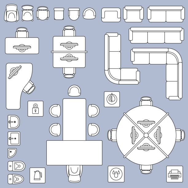 ilustrações, clipart, desenhos animados e ícones de mobílias de escritório reunião, ícones de linha arquitetura plano vector - furnitures