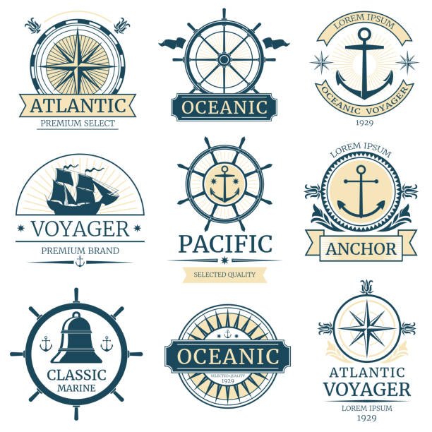 Retro nautical vector labels, badges, logos and emblems Retro nautical vector labels, badges, logos and emblems. Vintage marine label with ocean ship, illustration of retro label design vintage steering wheel stock illustrations