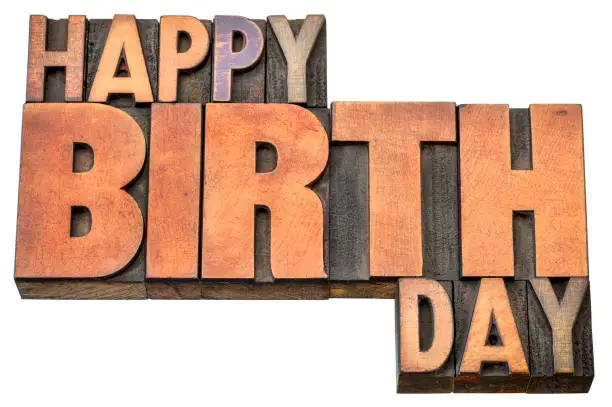 Happy Birthday greeting card - word abstract in vintage letterpress wood type blocks isolated on white