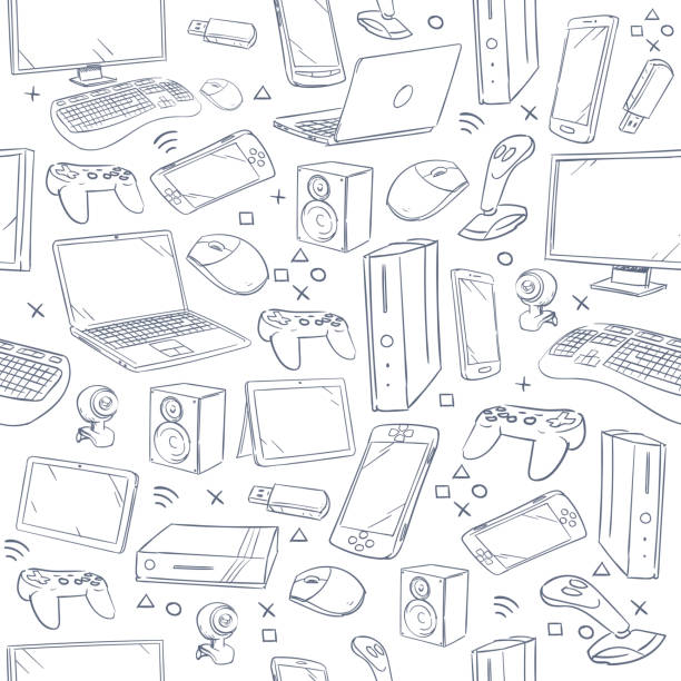 ilustrações de stock, clip art, desenhos animados e ícones de computer game, device, social gaming vector sketch doodles seamless pattern - video game flash