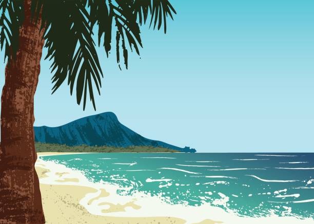 Waikiki beach of Oahu island vector art illustration