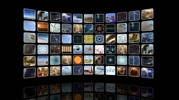 istock Curved video wall with icons. 3D rendering 664288250
