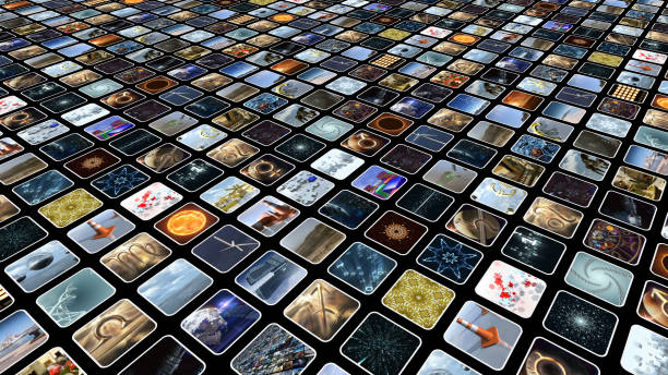 istock Video wall with many media icons, diagonally. 3D rendering 664288820