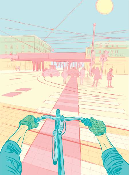 illustrations, cliparts, dessins animés et icônes de point pilote vélo de vue scène urbaine - perspective du photographe