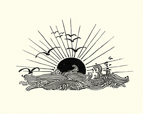 Vintage engraving of a Woodcut of the setting sun over the sea