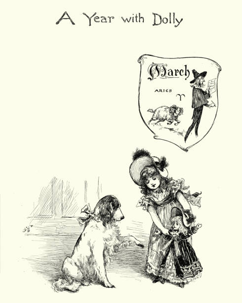 istock Little girl playing with her doll and pet dog, 19th Century 664291628