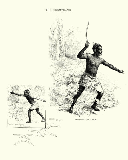 ilustrações, clipart, desenhos animados e ícones de homem jogando um bumerangue, século xix - australia boomerang aboriginal aborigine