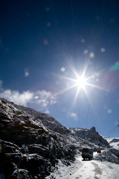 Tour bus on snowcapped Himalayan mountain road, Himachal Pradesh, India