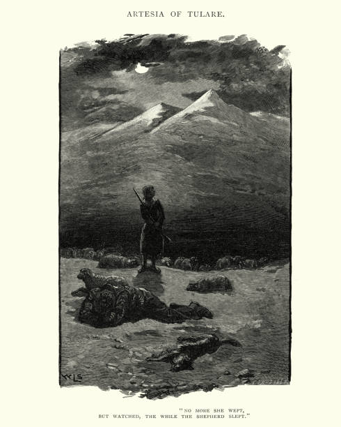 Vintage engraving of a shepherd and his daughter protecting their flock of sheep at night. 19th Century