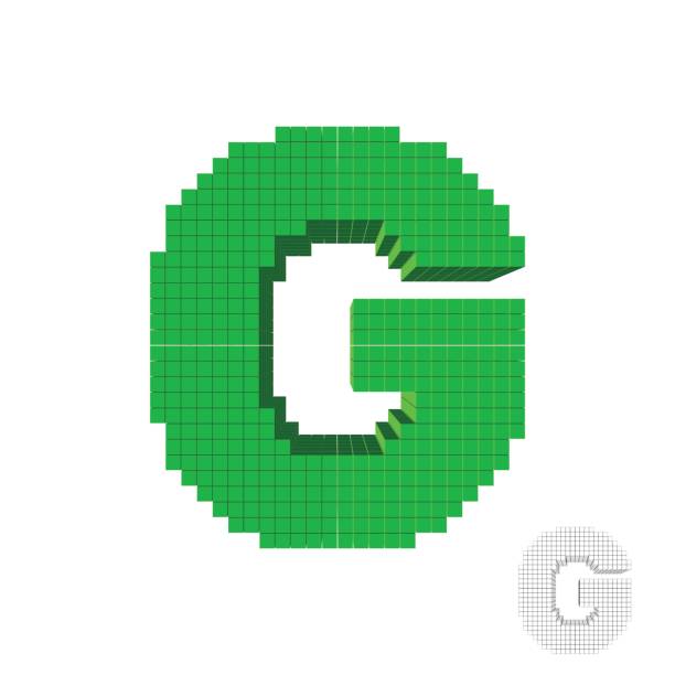 3d pixelated 대문자 g. 3d 벡터 일러스트입니다.  전면 보기 - alphabet white background letter g three dimensional shape stock illustrations