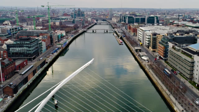 Dublin Ireland Flying over river Liffey towards town center