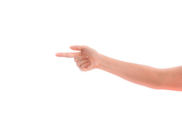 istock pointing the finger, female hand, isolated 664309386